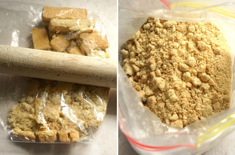 crushing shortbread biscuits for Triple Chocolate Tiffin