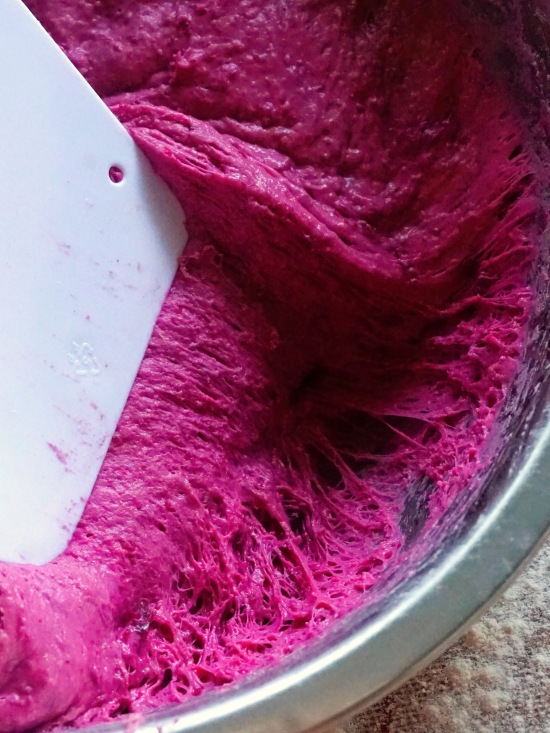 gluten strands in overnight fermented dough for Beetroot Bread gluten strands in overnight fermented dough for Beetroot Bread