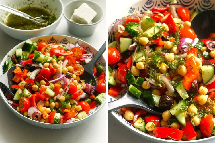 tossing and dressing Mediterranean Chickpea Salad