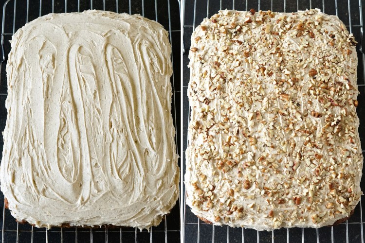 adding the topping to Carrot Cake Traybake