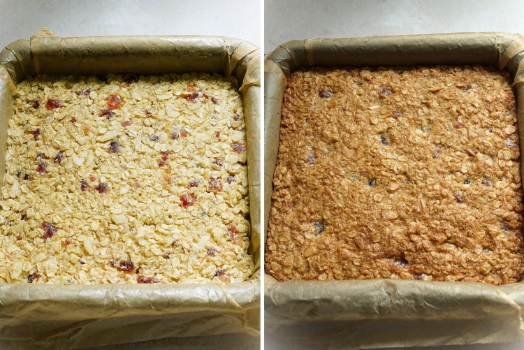 before and after baking Cherry Almond Oat Squares