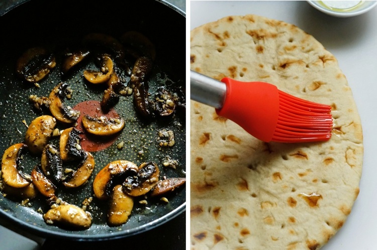 making White Flatbread Pizza with Ham and Mushrooms