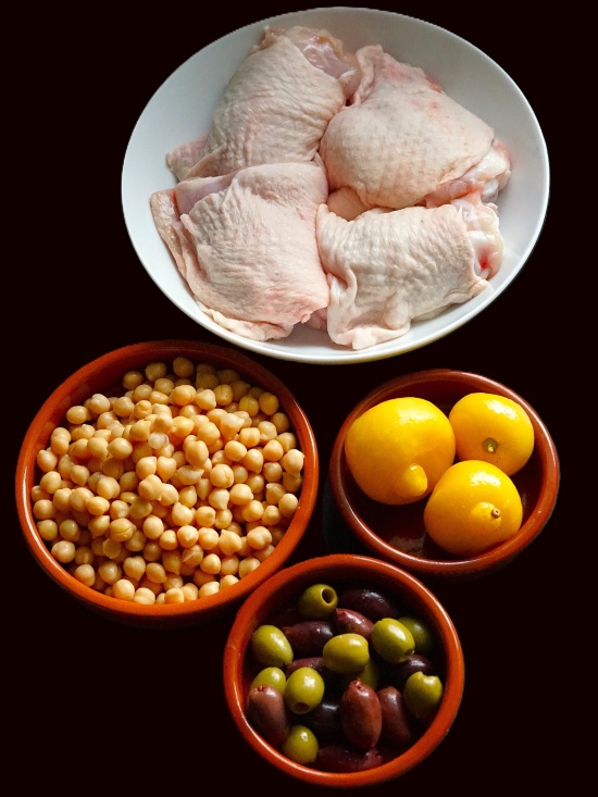 selected ingredients for Chicken with Olives, Lemon and Chickpeas