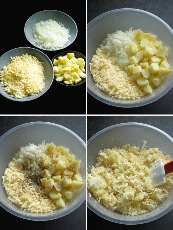 making the filling for Potato, Cheese and Onion Plate Pie
