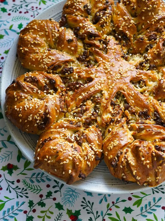 Christmas Sausage Star Bread with Onions and Cheese