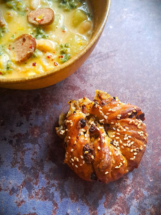 Sausage Star Bread with Onions and Cheese served with soup