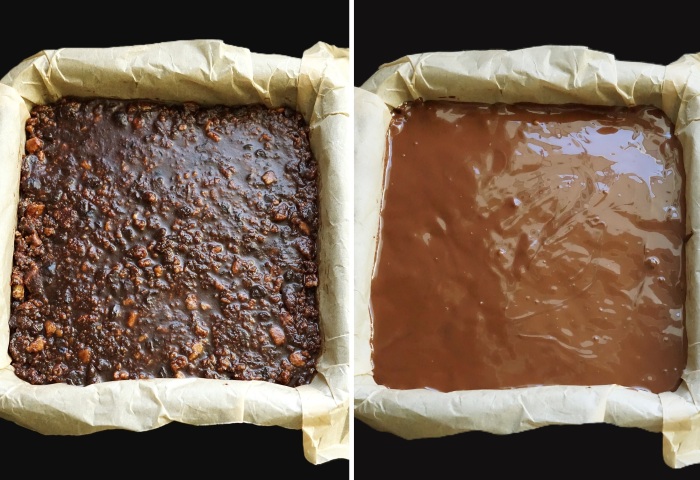 adding melted chocolate topping to Christmas Chocolate Tiffin