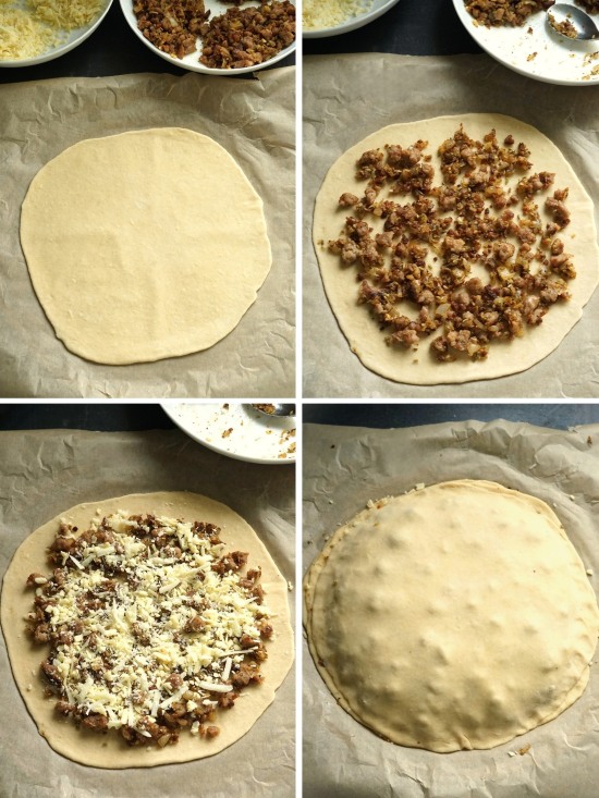 assembling Sausage Star Bread with Onions and Cheese
