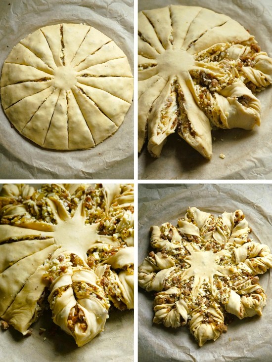 cutting and shaping Sausage Star Bread with Onions and Cheese