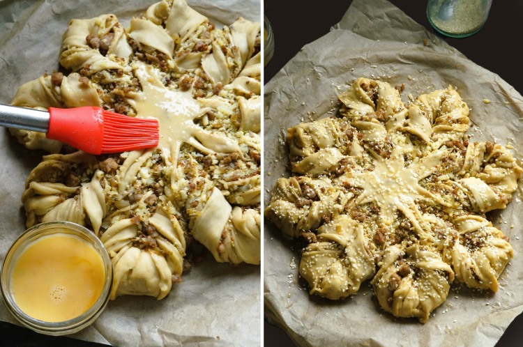glazing and ready to bake Sausage Star Bread with Onions and Cheese
