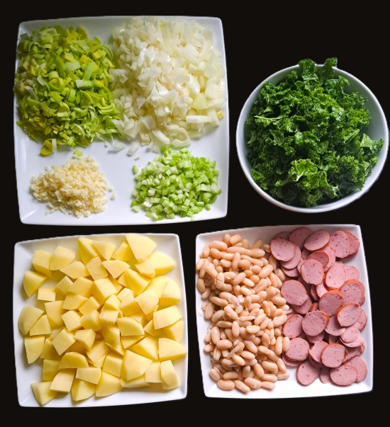 ingredients for Sausage, Bean, Potato and Kale Soup