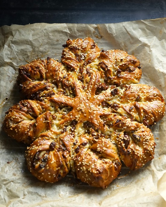 just baked Sausage Star Bread with Onions and Cheese