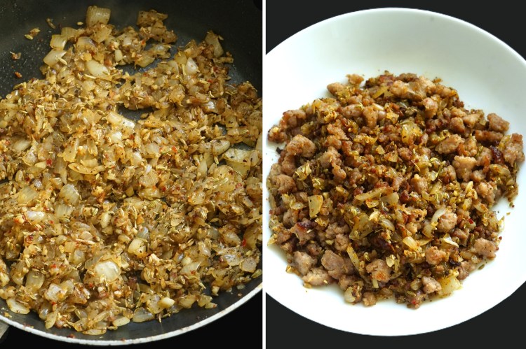 making the filling for Sausage Star Bread with Onions and Cheese