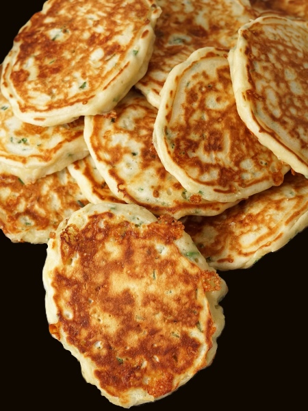 making pancakes for Cheese & Chive Pancakes with Smoked Salmon & Soured Cream