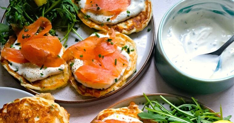 Cheese & Chive Pancakes with Smoked Salmon & Soured Cream