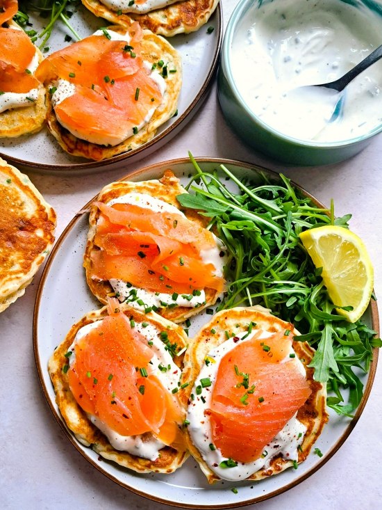 Cheese & Chive Pancakes with Smoked Salmon & Soured Cream