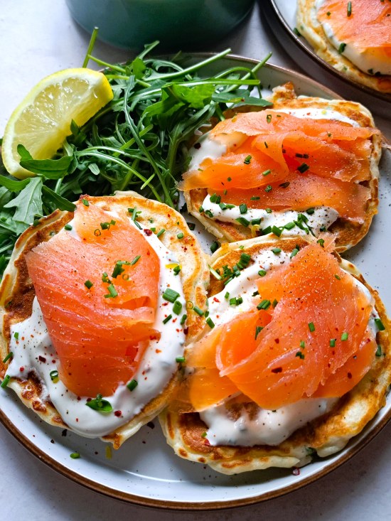 Cheese & Chive Pancakes with Smoked Salmon & Soured Cream