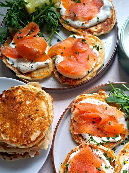 Cheese & Chive Pancakes with Smoked Salmon & Soured Cream