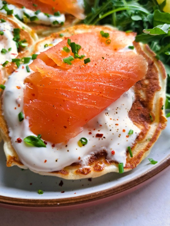 Cheese & Chive Pancakes with Smoked Salmon & Soured Cream