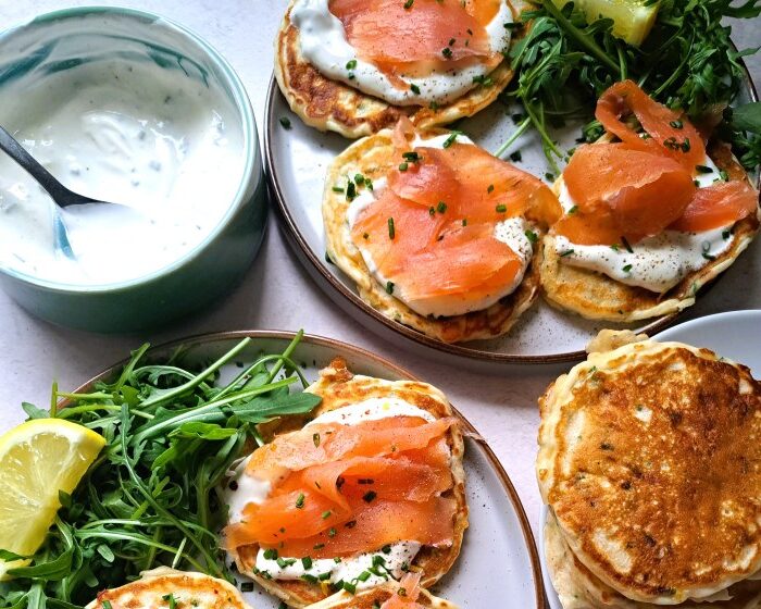 Cheese & Chive Pancakes with Smoked Salmon & Soured Cream