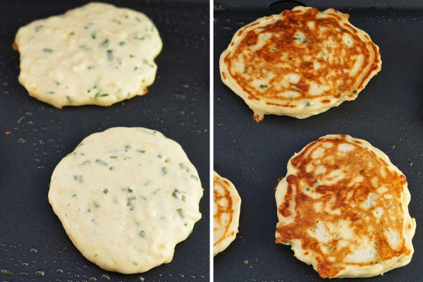 making pancakes for Cheese & Chive Pancakes with Smoked Salmon & Soured Cream