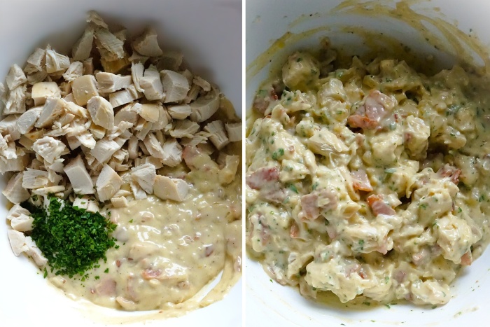making the filling for Chicken and Bacon Crispy Pancakes