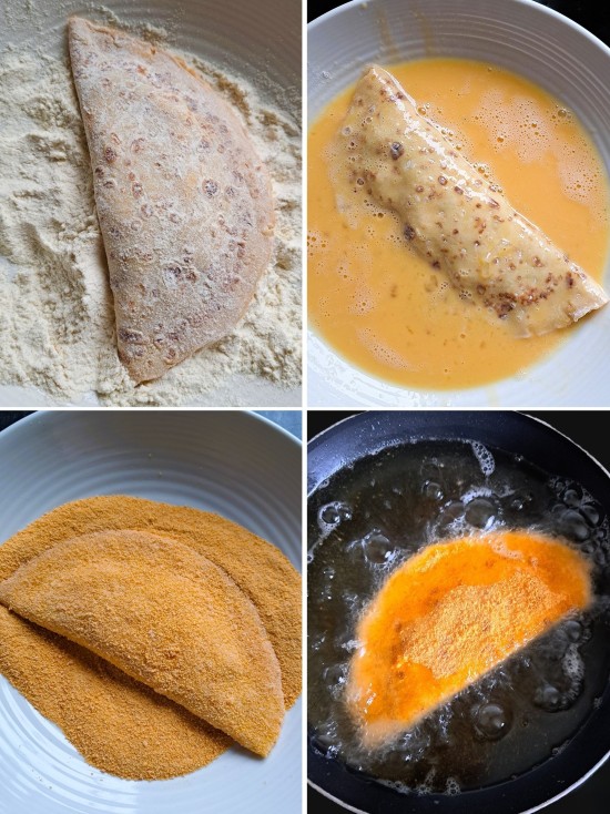 coating and frying homemade Crispy Pancakes