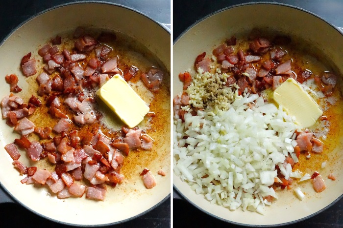 making the filling for Chicken and Bacon Crispy Pancakes