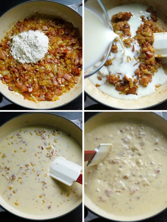 making the filling for Chicken and Bacon Crispy Pancakes