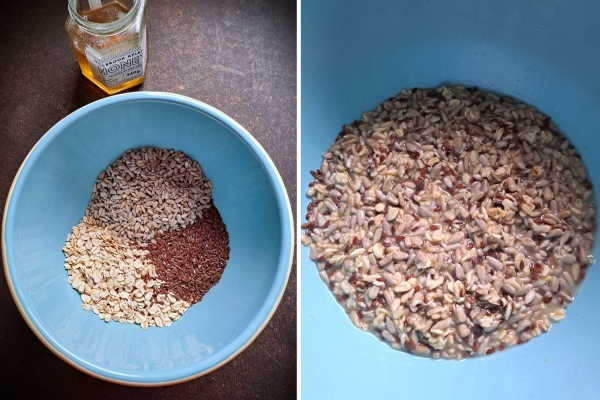 soaking ingredients for Sunflower, Honey and Oat Bread