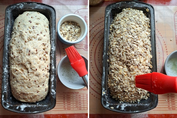 adding topping to Sunflower, Honey and Oat Bread