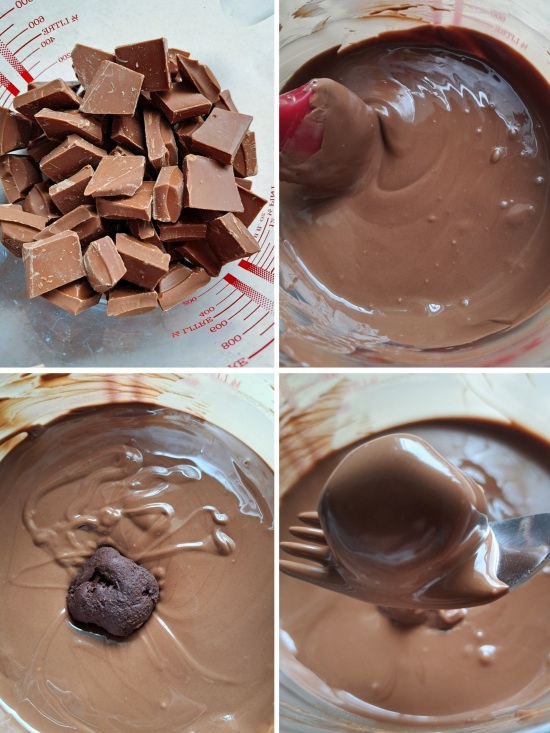 adding milk chocolate coating to Hot Cross Bun Truffles