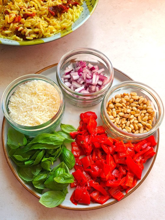 selected ingredients for Sun-Dried Tomato Orzo Salad
