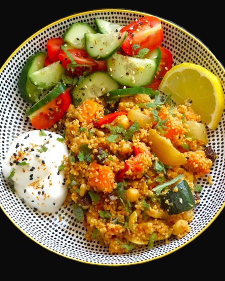 Spiced Couscous Salad with Roasted Vegetables and Chickpeas serving suggestion