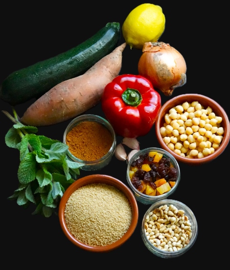 selected ingredients for Spiced Couscous Salad with Roasted Vegetables