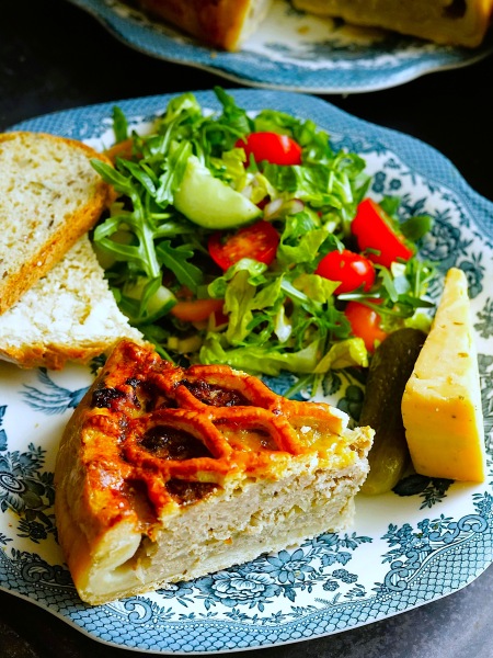 serving Sausage & Onion Lattice Pie