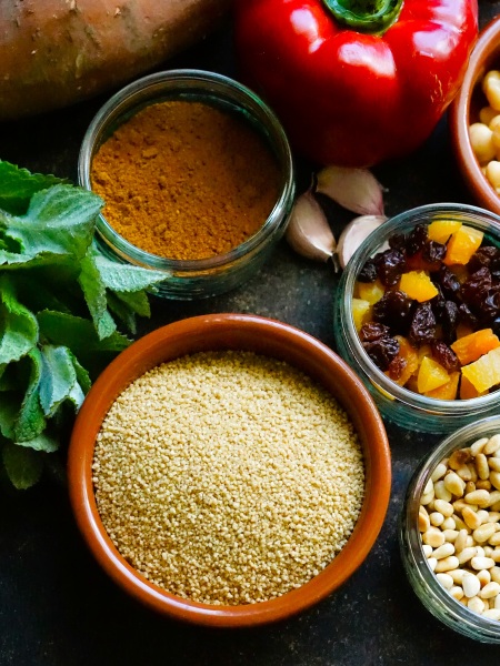 wholewheat couscous and selected ingredients for Spiced Couscous Salad 
