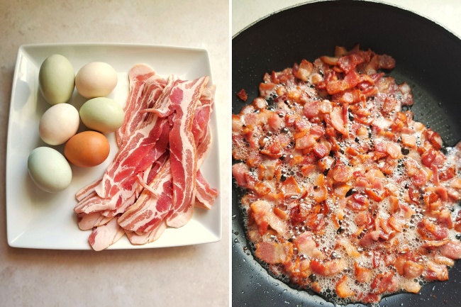 making filling for Egg & Bacon Pie making filling for Egg & Bacon Pie