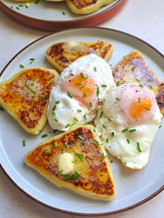 Potato Farls, Irish potato cakes, potato bread, potato scones, tattie scones with eggs