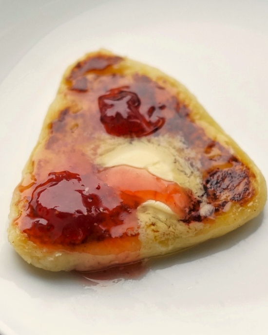 Potato Farls, Irish potato cakes, potato bread, potato scones, tattie scones with butter and jam