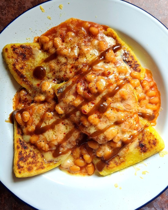 Potato Farls, Irish potato cakes, potato bread, potato scones, tattie scones with baked beans and cheese