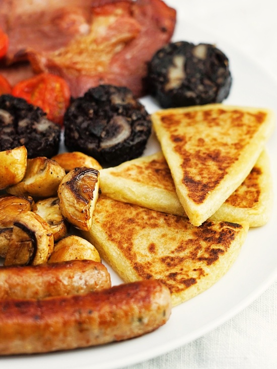 big breakfast with Potato Farls, Irish potato cakes, potato bread, potato scones, tattie scones