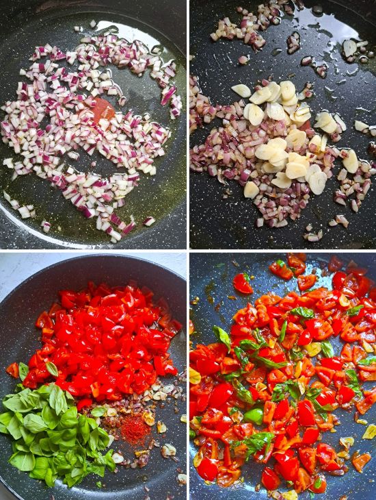 making fresh tomato and basil topping for soup making fresh tomato and basil topping for soup