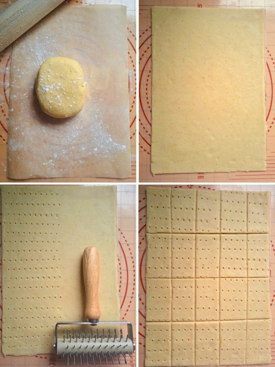 rolling and cutting dough for cheese sandwich crackers