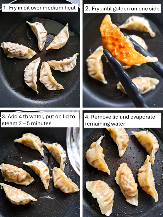 frying gyoza for Crispy Dumpling Salad