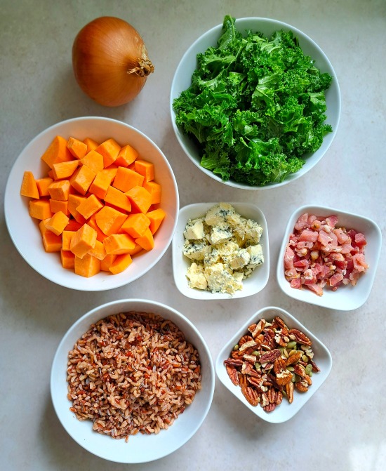 ingredients for Warm Grain Salad with Roasted Veg, Bacon & Cheese ingredients for Warm Grain Salad with Roasted Veg, Bacon & Cheese