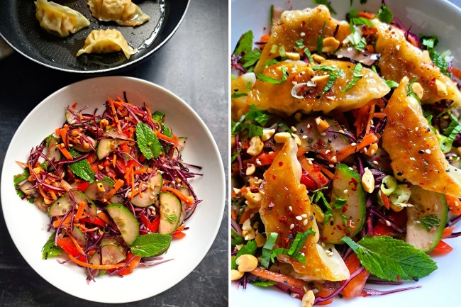 serving Crispy Dumpling Salad