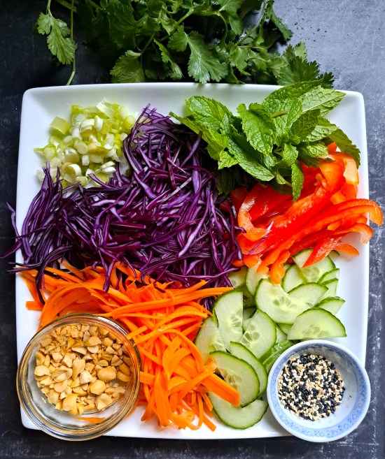 vegetables, nuts and seeds for for Crispy Dumpling Salad